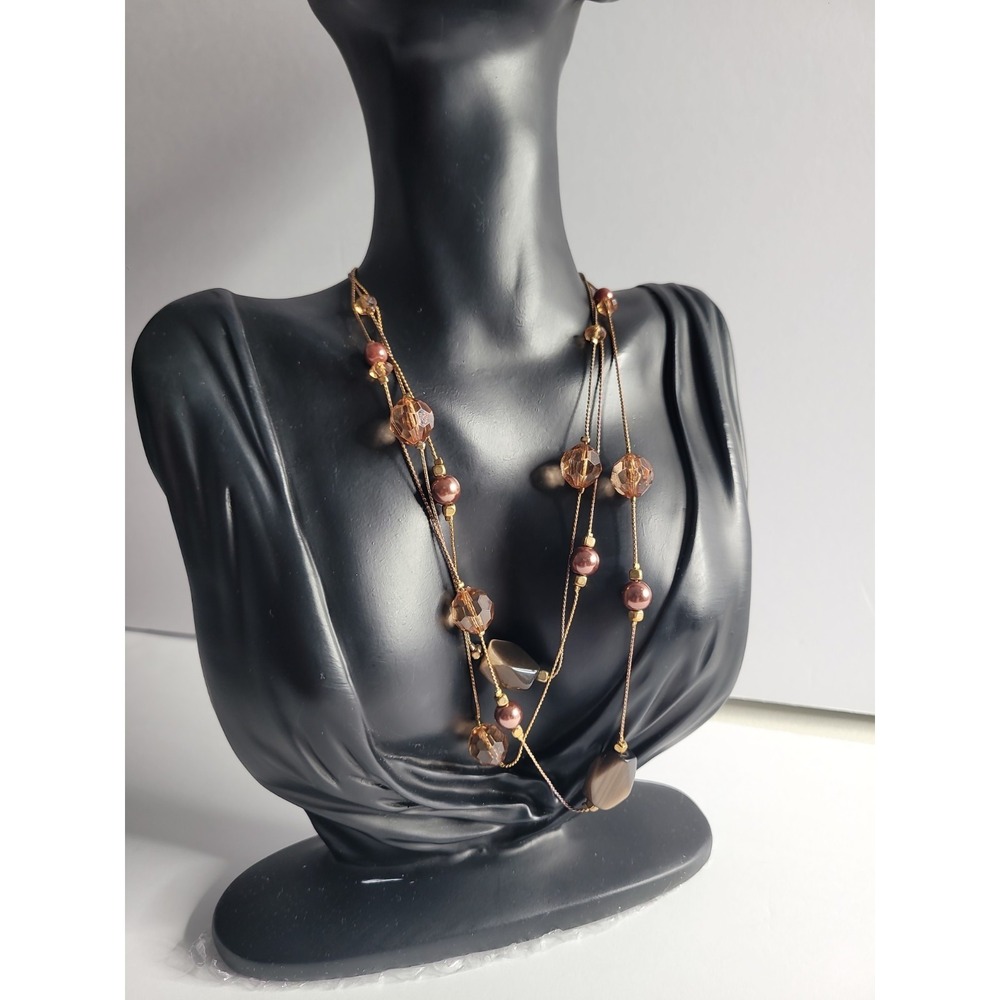 Multi‎ Strand Beaded Necklace Brown Gold Tone Layered Crystal Boho Statement